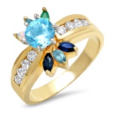 14K YELLOW GOLD 2.55CT BLUE TOPAZ 0.80CT DIAMOND 0.80CT MULTI SAPPHIRE