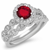 14K WHITE GOLD 1.00CT RED GARNET 0.55CT DIAMOND RING