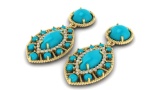 14K YELLOW GOLD 30.00CT TURQUOISE 2.00CT DIAMOND EARRINGS