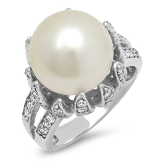 14K WHITE GOLD 12.5MM NATURAL PEARL 1.05CT DIAMOND RING