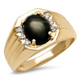 14K YELLOW GOLD 3.00CT BLACK SAPPHIRE 0.30CT DIAMOND MEN'S RING