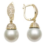 14KT YG 10-11MM WHITE SOUTH SEA & DIAMOND EARRING