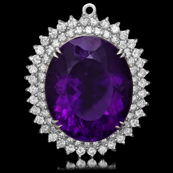 14K WHITE GOLD 20.00CT AMETHYST 3.00CT DIAMOND PENDANT