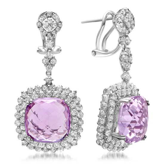 18K WHITE GOLD 19CT KUNZITE 2.50CT DIAMOND EARRINGS
