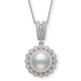 14KT WG 9-10MM DROP FRESH WATER PEARL & DIAMOND PENDANT