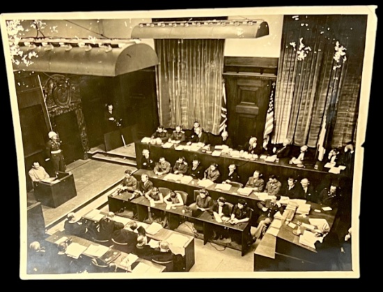 World War II Nuremberg military tribunal trial B&W photo Hermann G?ering Nazi on the stand