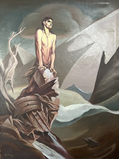Vintage signed oil painting on canvas abstract articulated male figure
