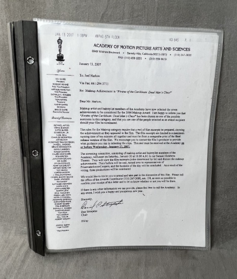 Joel Harlow Academy of motion picture pirates of the Caribbean folder of production