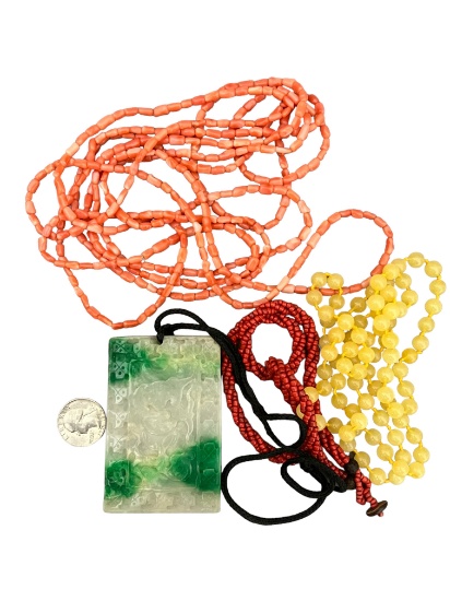 Vintage jewelry lot carved Jade coral bead necklace Collection