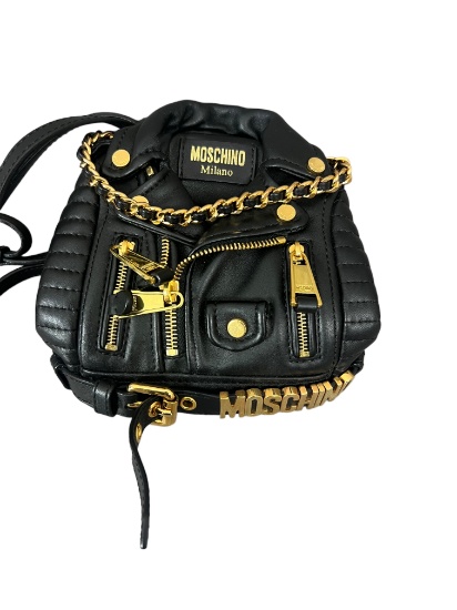 Moschino Milano black leather jacket mini backpack purse