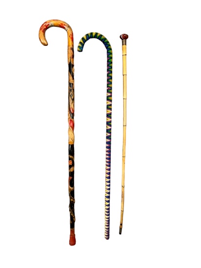 Antique vintage walking Stick Cane collection lot of 3 pieces
