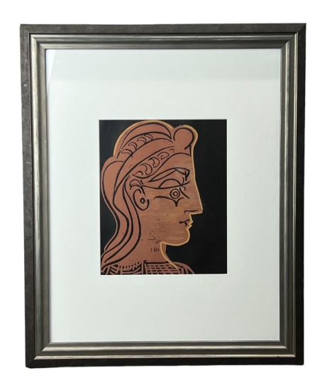 Pablo Picasso 1962 female head in profile Wood block etching print with COA