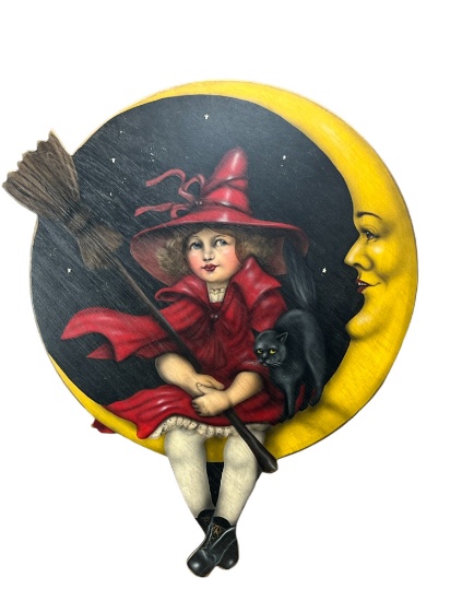 Boardwalk originals by Bonnie Barrett Halloween witch painted wood signed stamped on the back size 3