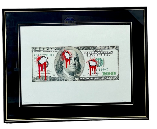 Death NYC signed screen print graffiti art $100 bill with bullet holes