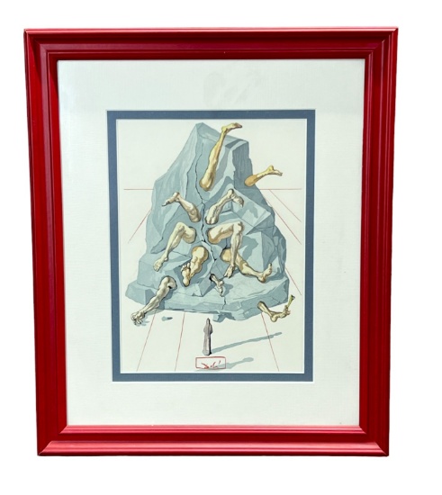 Salvador Dali Simonists Inferno divine comedy woodblock print size including frame, 14" x 17"