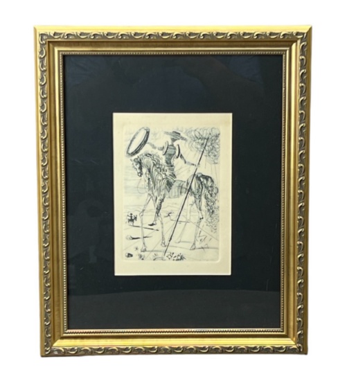 Don Quixote by Salvador Dali original etching signed into plate, size including frame 13" x 16"
