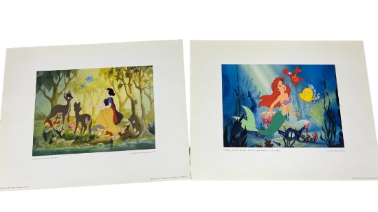 Vintage Disney The Little Mermaid and Snow White Lithograph Print Lot of 2