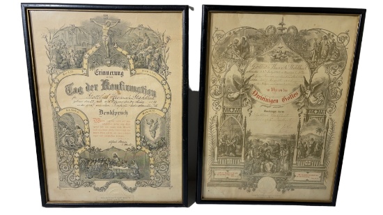 Antique German Confirmation Certificate Pair Framed 1885/1899