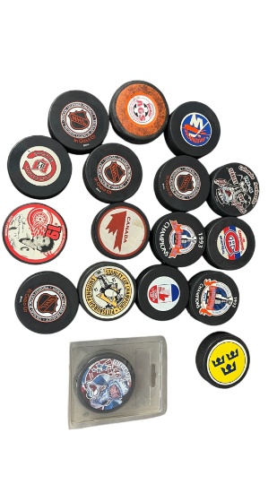 Vintage NHL Hockey Pucks From Various Teams & Championships