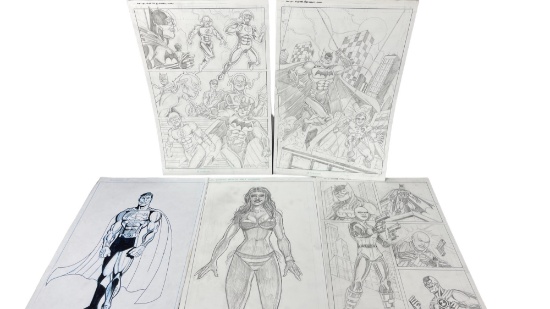 Original Comic Art Drawing "Superman" & "Batman" Collection Lot - Hand Drawn