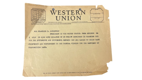 Western Union Letter to President Franklin D Roosevelt