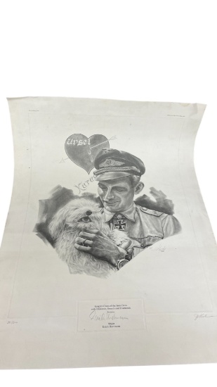 World War II German Ace Pilot Erich Hartmann Illustration Print Pencil Signed 397/500