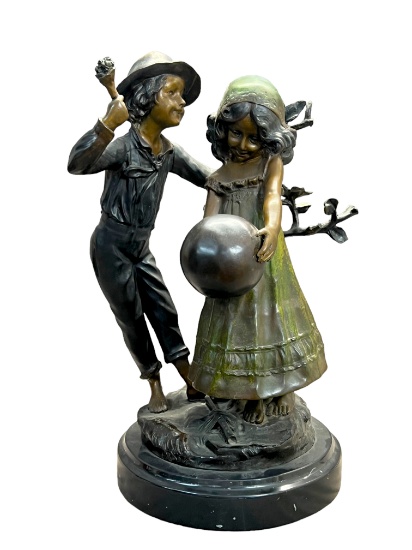Boy & Girl Bronze Sculpture Signed Auguste Moreau