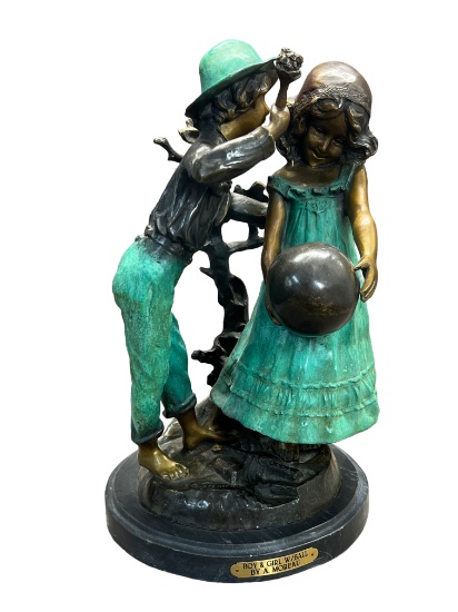 Boy & Girl with Ball Bronze Sculpture Signed Auguste Moreau