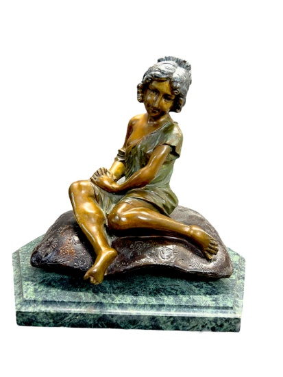 Girl on Pillow Bronze Sculpture Signed Auguste Moreau