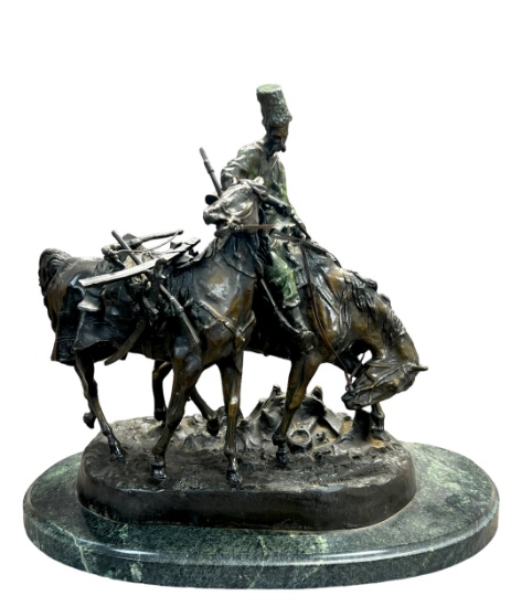 Russian bronze statue Zaporozhian Cossack After Battle Signed Lancerey