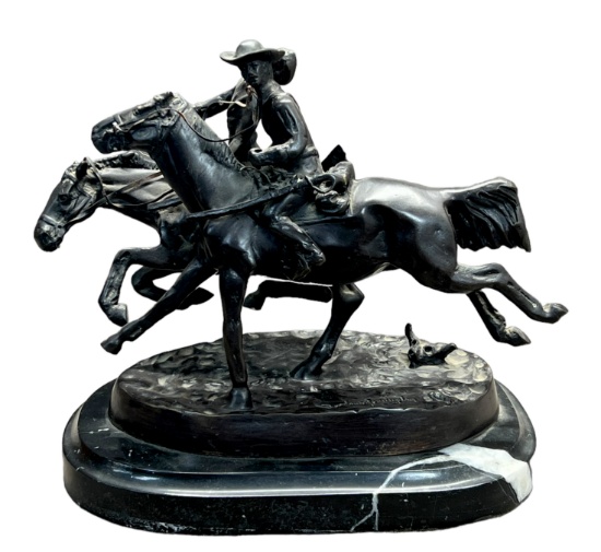 FREDERIC REMINGTON Vintage Bronze Statue Wounded Bunkie Native Cowboy Sculpture