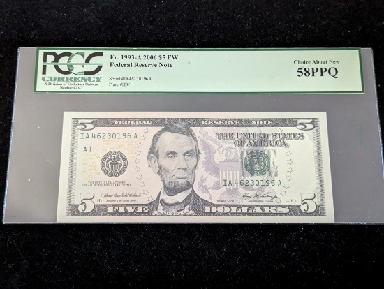 2006 $5 Federal Reserve Note US Paper Money PCGS 58PPQ
