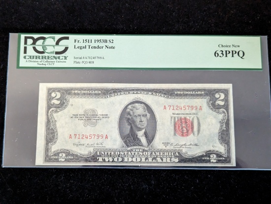 1953-B $2 Red Seal US Paper Money PCGS 63PPQ