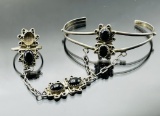 Silver Native American black onyx slave bracelet & ring
