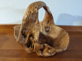 Vintage solid carved burlwood basket bowl