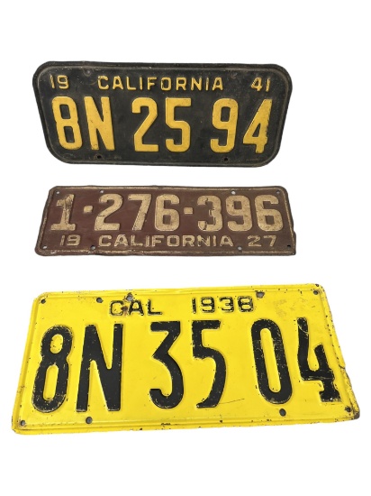 VINTAGE ANTIQUE 1941 1938 1927 CALIFORNIA CA CAR LICENSE PLATE COLLECTION LOT
