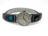 Timex silver & turquoise inlaid wrist watch