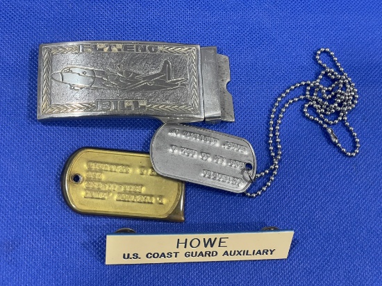 Lot of military dog tag, belt buckle and name tag