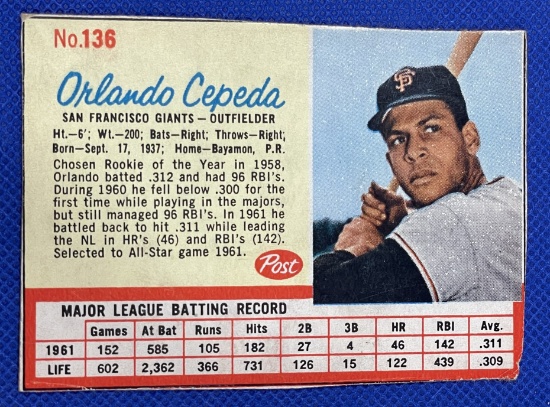 Orlando Cepeda Post Cereal 1960s card
