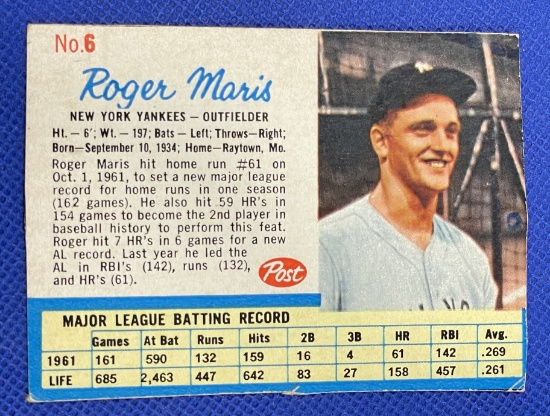 Roger Maris Post Cereal 1960s card