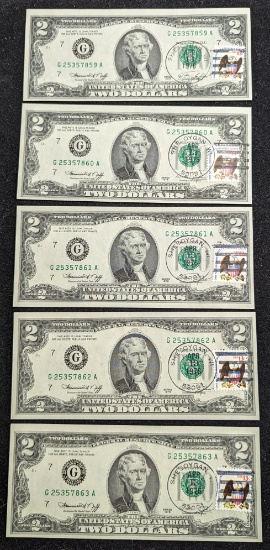 Five SEQUENTIAL 1976 $2 Dollar Bill Cancelled U.S. Postage Stamp 1776-1976 Bicentennial Notes