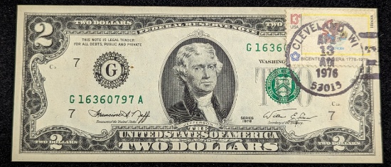 1976 $2 Dollar Bill Cancelled U.S. Postage Stamp 1776-1976 Bicentennial Note