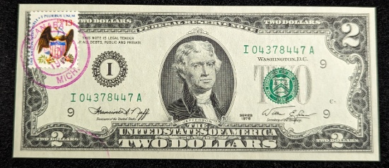 1976 $2 Dollar Bill Cancelled U.S. Postage Stamp 1776-1976 Bicentennial Note