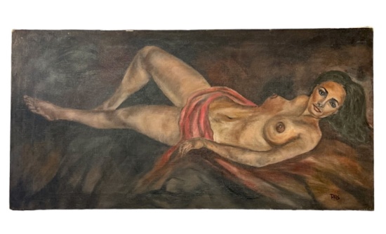 VINTAGE RECLINING NUDE WOMAN OIL PAINTING ON CANVAS SIGNED