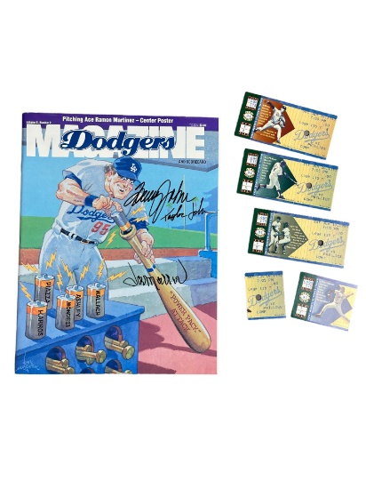 Signed Dodgers Magazine and 1995 Game Tickets