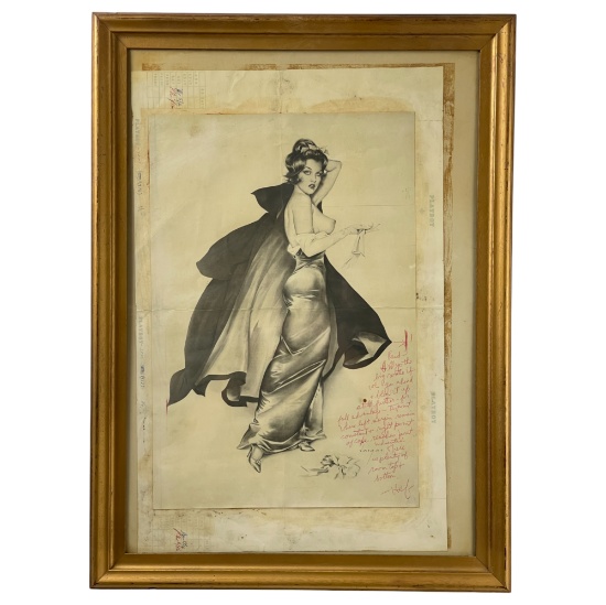 Rare Playboy Magazine Production Art Hand Drawing by Vargas, Signed with Hugh Hefner Note