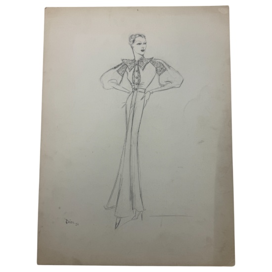 Christian Dior Fashion Design Sketch Pencil Drawing Signed & Dated