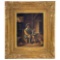 Antique Oil on Wood Panel Painting of Man Sitting in Home