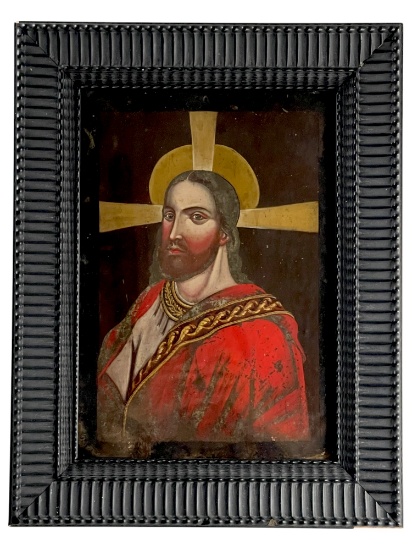 Antique Religious Oil on Metal Icon Paiting of Jesus Christ