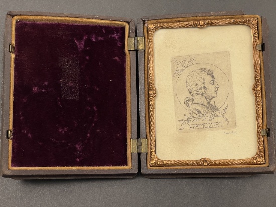 Antique Signed Side Portrait of Mozart in Wood Case